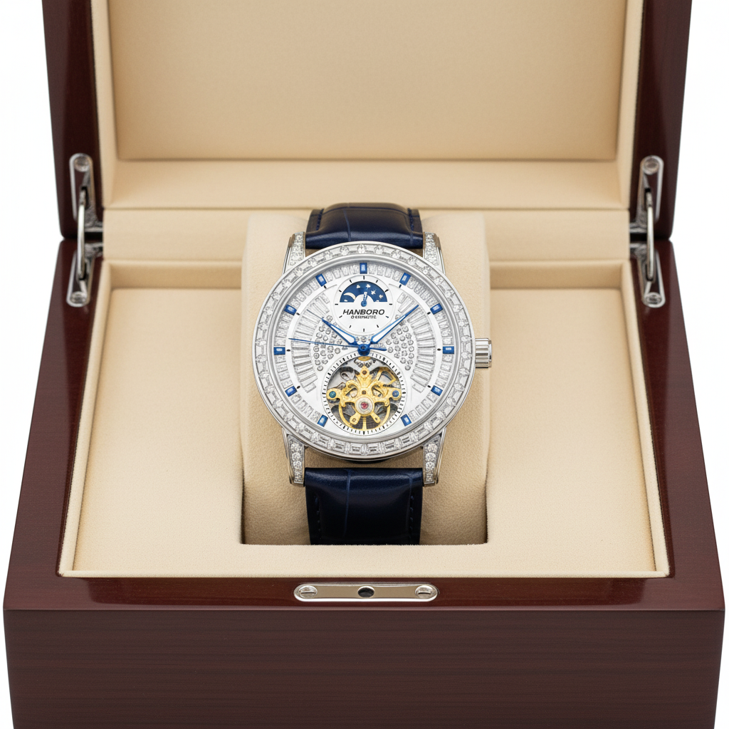 Luxury watch with blue strap in a wooden box