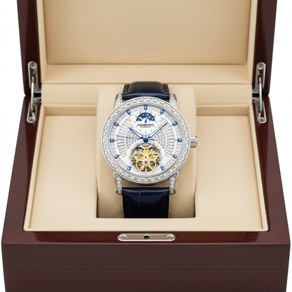 Luxury watch with blue strap in a wooden box
