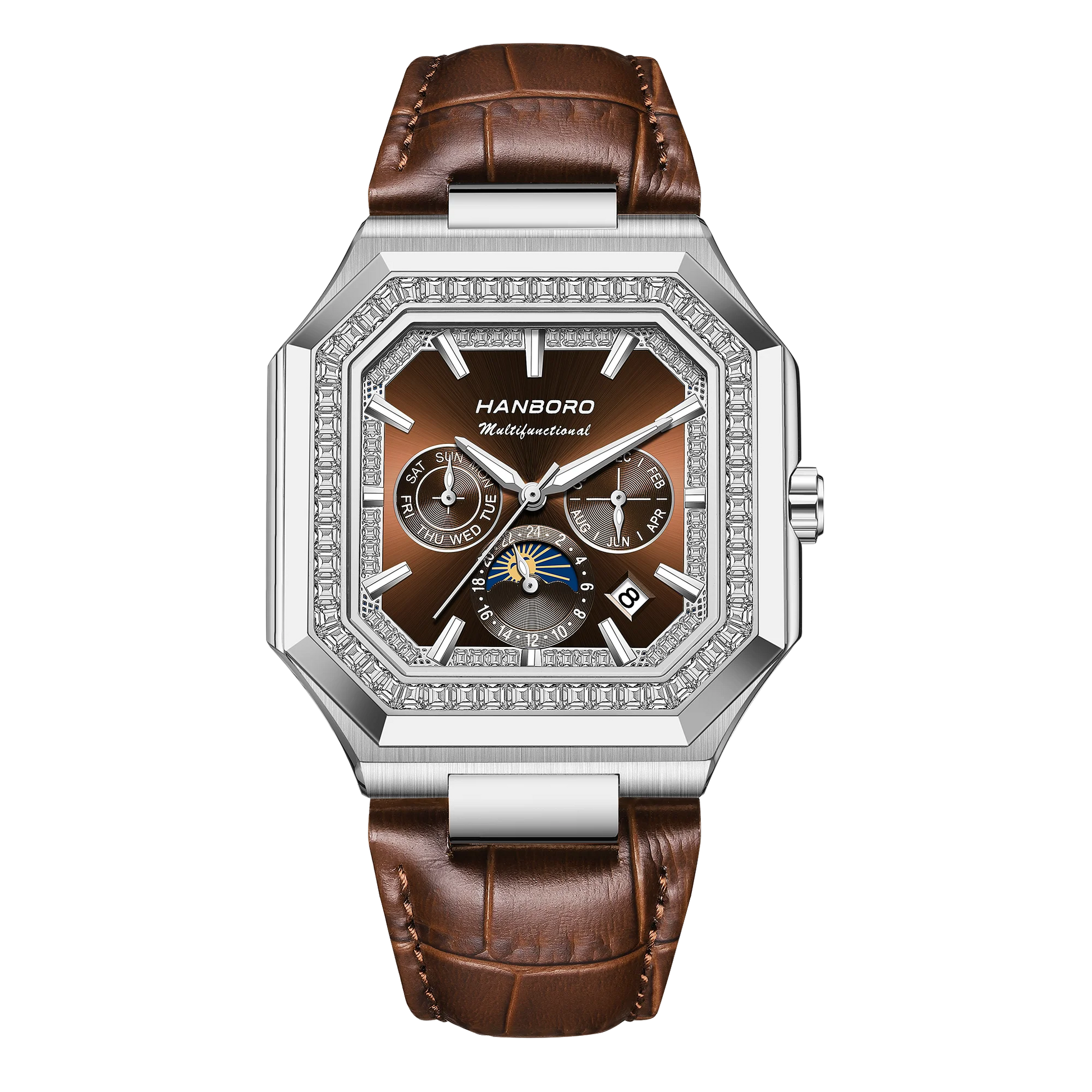 Luxury watch with brown leather strap and silver case on white background