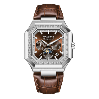 Luxury watch with brown leather strap and silver case on white background