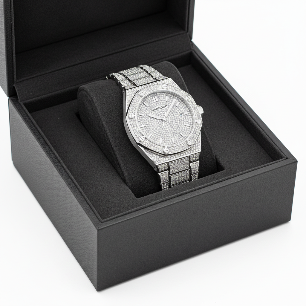 Luxury watch with diamond-studded face and band in a black box on a white background
