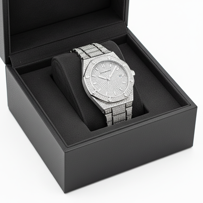 Luxury watch with diamond-studded face and band in a black box on a white background