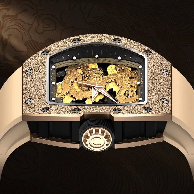 Luxury watch with embossed golden dragon design on a dark background