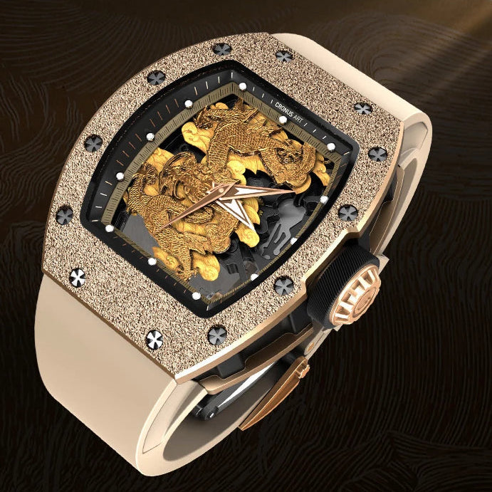 Luxury watch with frosted gold surface on a dark background