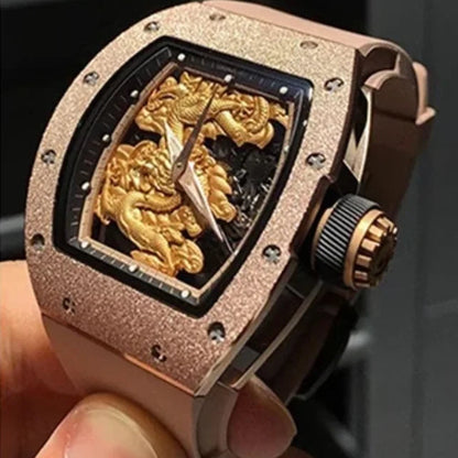 Luxury watch with gold dragon design on a dark background