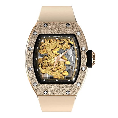 Luxury watch with gold dragon design on a white background