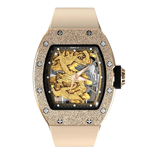Luxury watch with gold dragon design on a white background