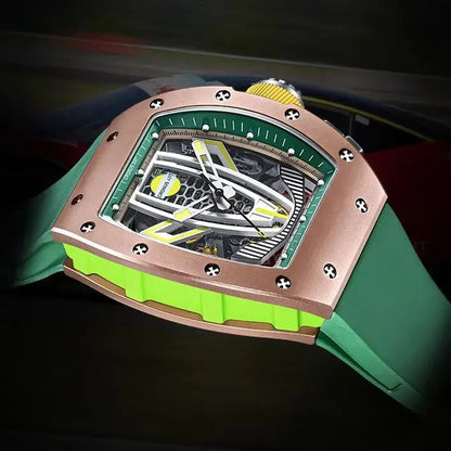 Luxury watch with green and rose gold case on a dark background