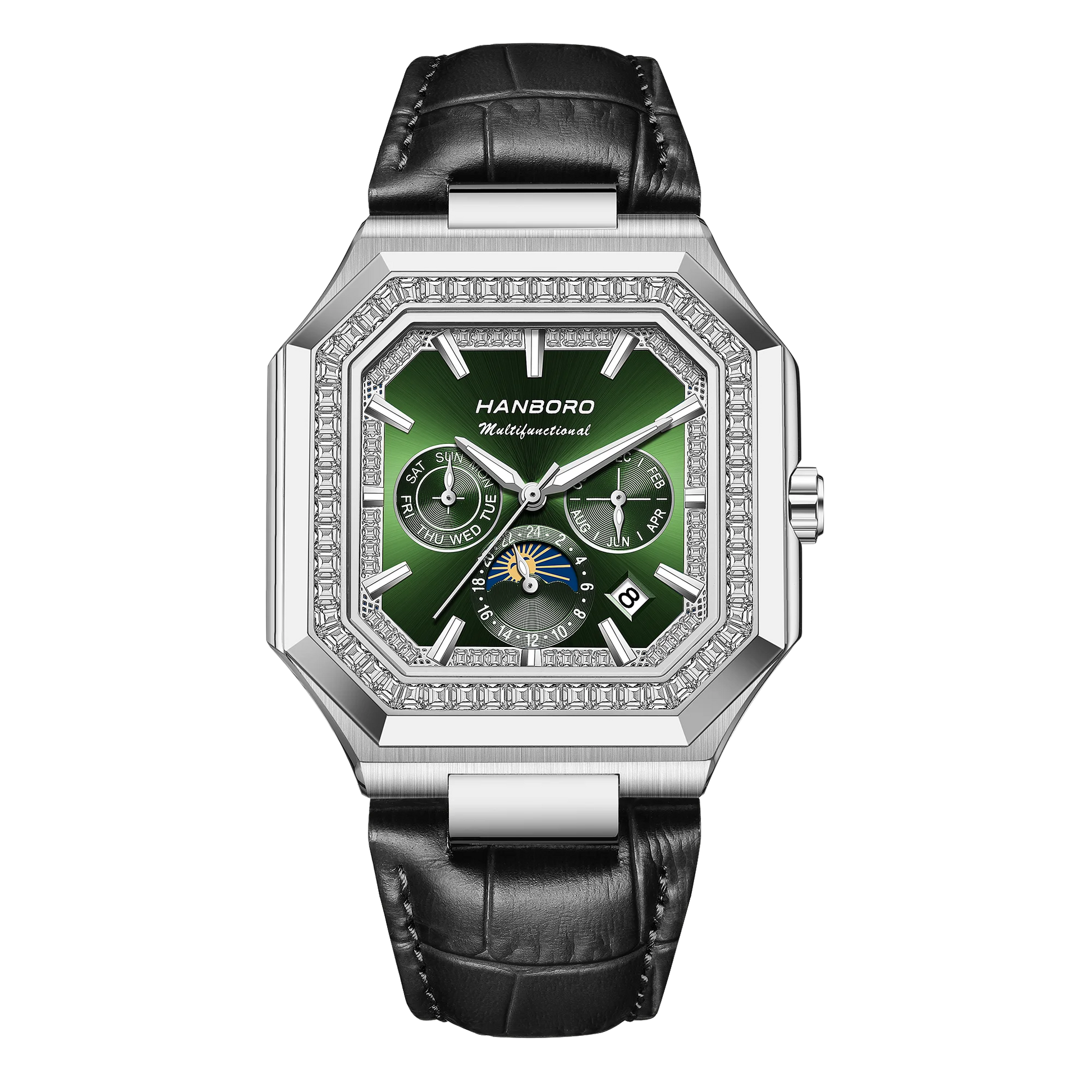 Luxury watch with green dial and black leather strap on a white background