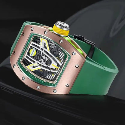 Luxury watch with green strap and detailed case on a dark background