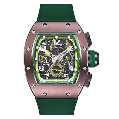 Luxury watch with green strap and detailed face on a white background