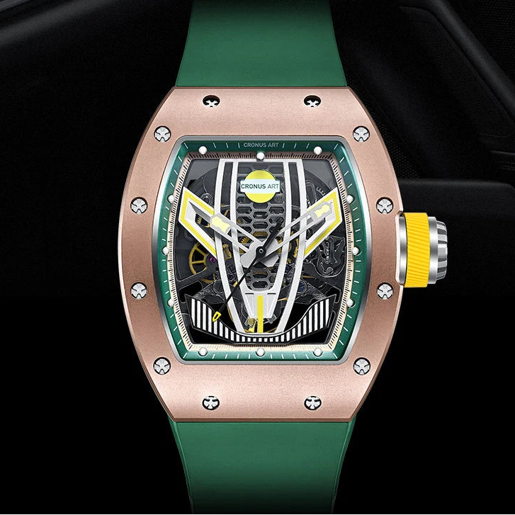 Luxury watch with green strap and rose gold case on a black background