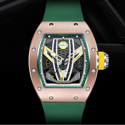 Luxury watch with green strap and rose gold case on a black background