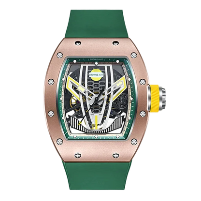 Luxury watch with green strap and rose gold case on a white background