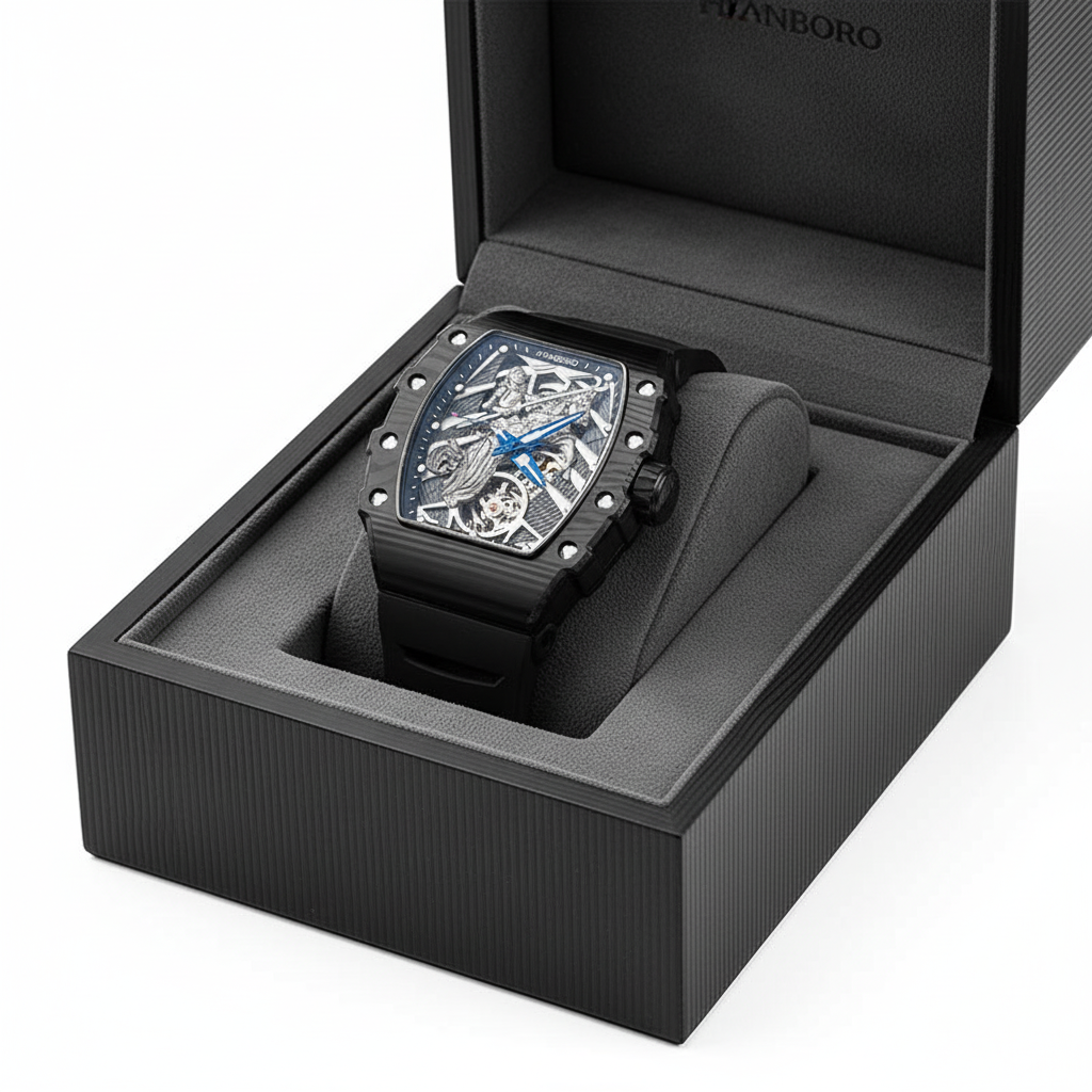 Luxury watch with intricate design in a black box, featuring the brand 'YongBoro'.