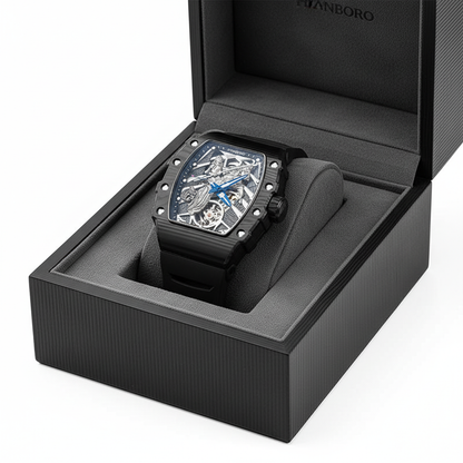 Luxury watch with intricate design in a black box, featuring the brand 'YongBoro'.