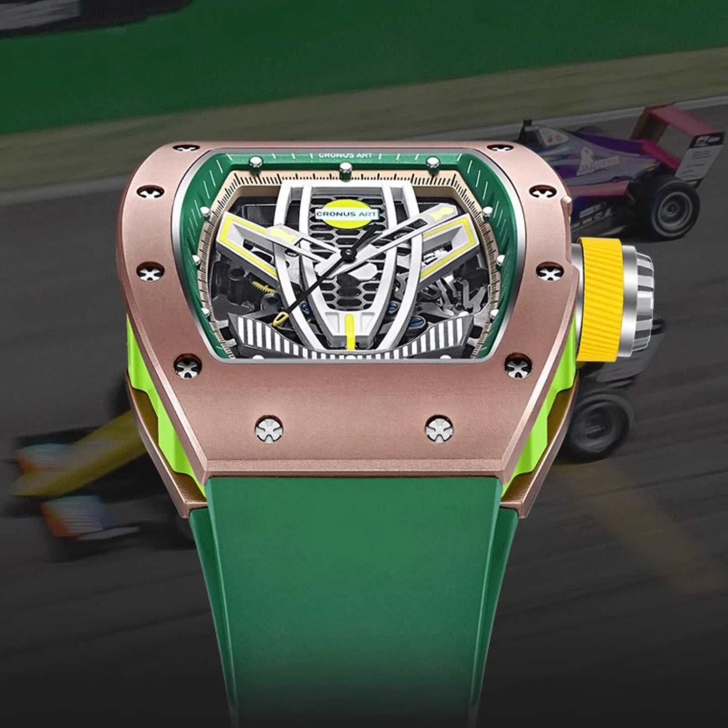 Luxury watch with racing elements on a blurred race track background