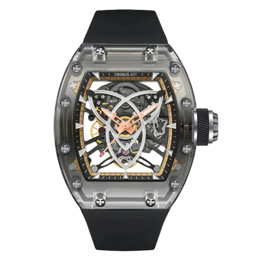 Luxury watch with transparent case and black strap on white background