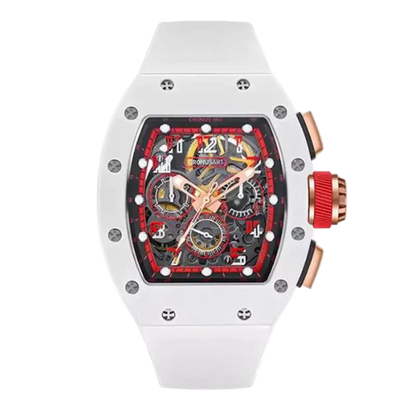 Luxury watch with white case and red accents on a white background
