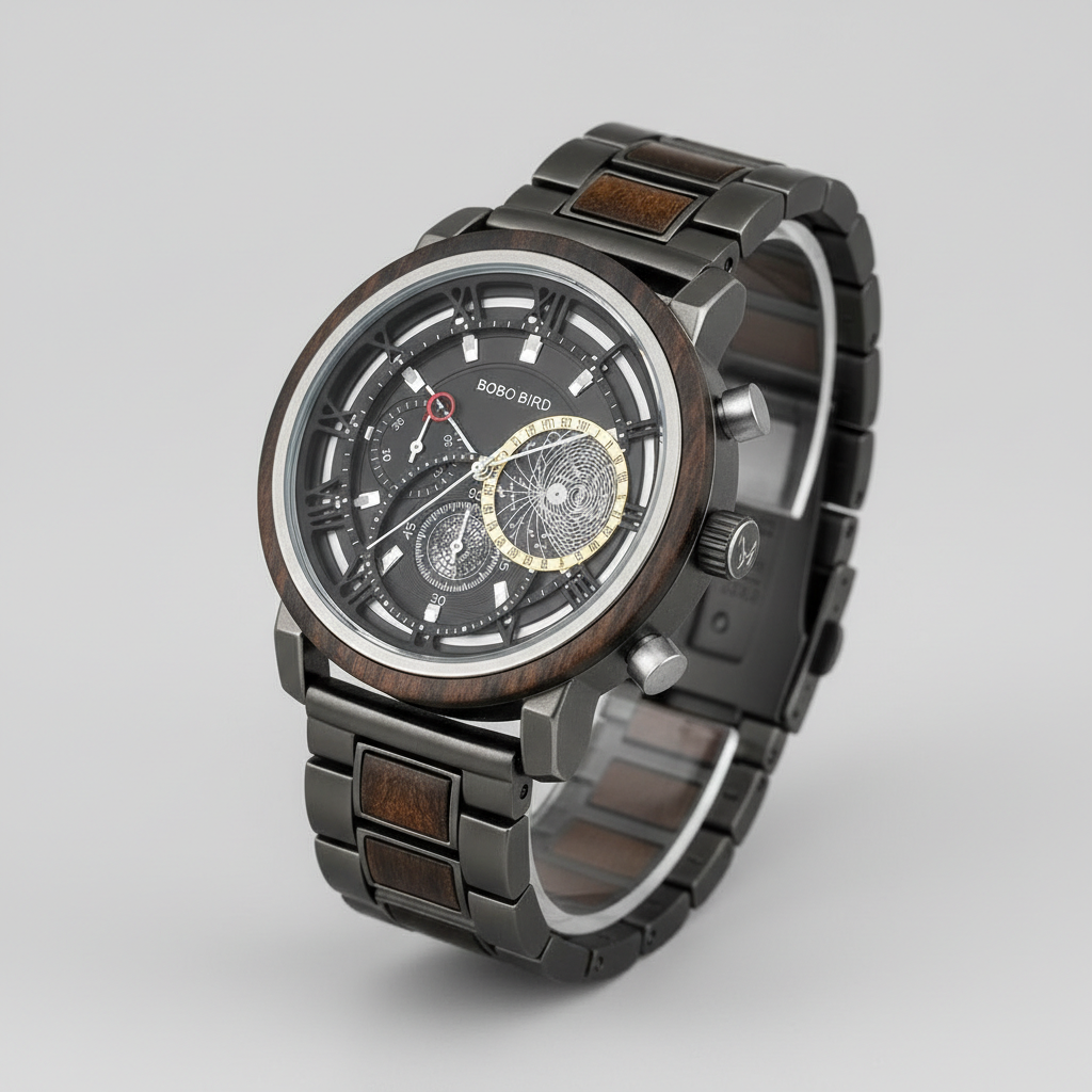 Luxury watch with wooden and metal band on a light gray background