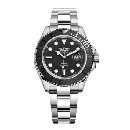 PINDU 6510 Mechanical Watch with black dial and silver bracelet
