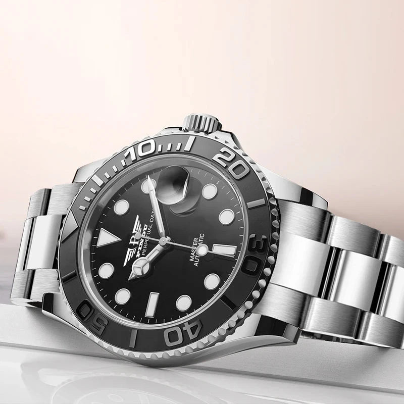 PINDU 6510 Automatic Watch shown with water drops demonstrating waterproof feature
