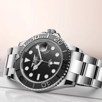 PINDU 6510 Automatic Watch shown with water drops demonstrating waterproof feature