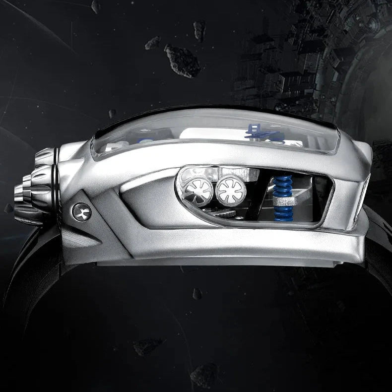 Transparent back of PINDU P5023 showing Seiko NH35 mechanical movement and dual gears