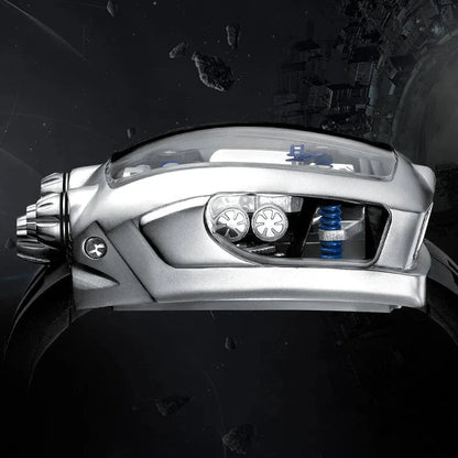 Transparent back of PINDU P5023 showing Seiko NH35 mechanical movement and dual gears