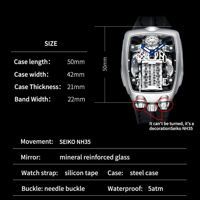 PINDU P5023 NH35 Automatic Skeleton Watch with blue strap and transparent futuristic dial