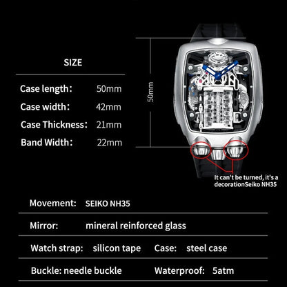 PINDU P5023 NH35 Automatic Skeleton Watch with blue strap and transparent futuristic dial