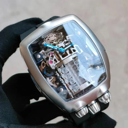 Detailed front view of PINDU P5023 Automatic Skeleton Watch with blue hands and skeleton mechanics