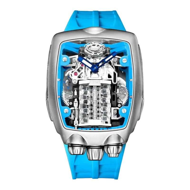 PINDU P5023 Automatic Skeleton Watch side view highlighting the spaceship-inspired shell design