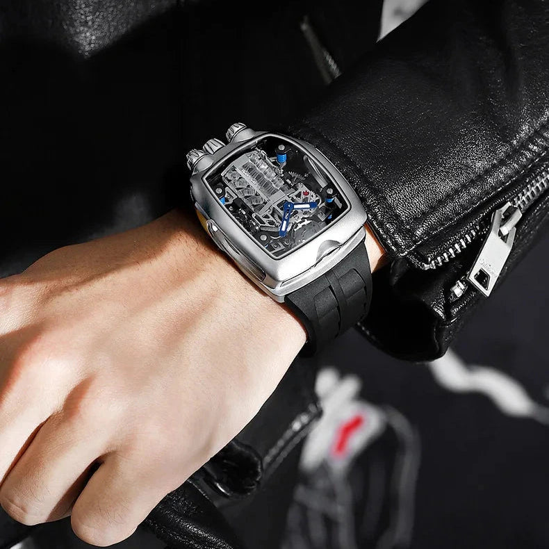 Man wearing PINDU P5023 Automatic Skeleton Watch with black strap in urban style