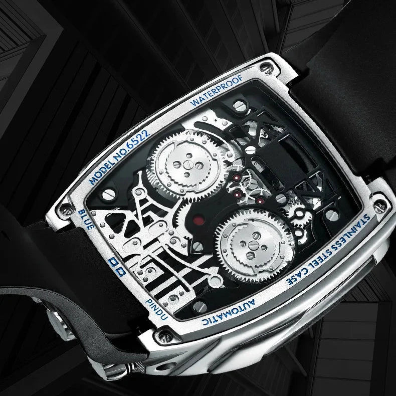 PINDU P5023 watch displayed under cinematic light showing skeleton dial reflections