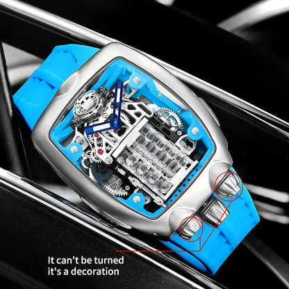 Technical view of PINDU P5023 Automatic Skeleton Watch showing dimensions and NH35 engine