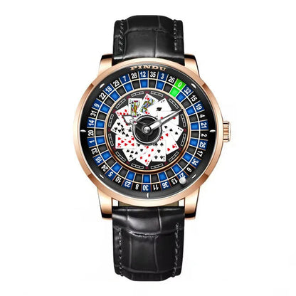 PINDU P6626 men’s mechanical watch with black leather strap