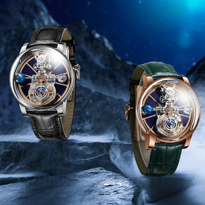 Two PINDU PD5015 Automatic Tourbillon Watches displayed in rose gold and silver finishes