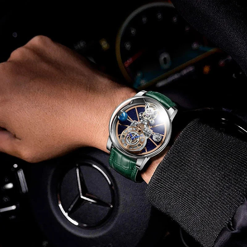 Man wearing PINDU PD5015 Automatic Tourbillon Watch in car interior scene