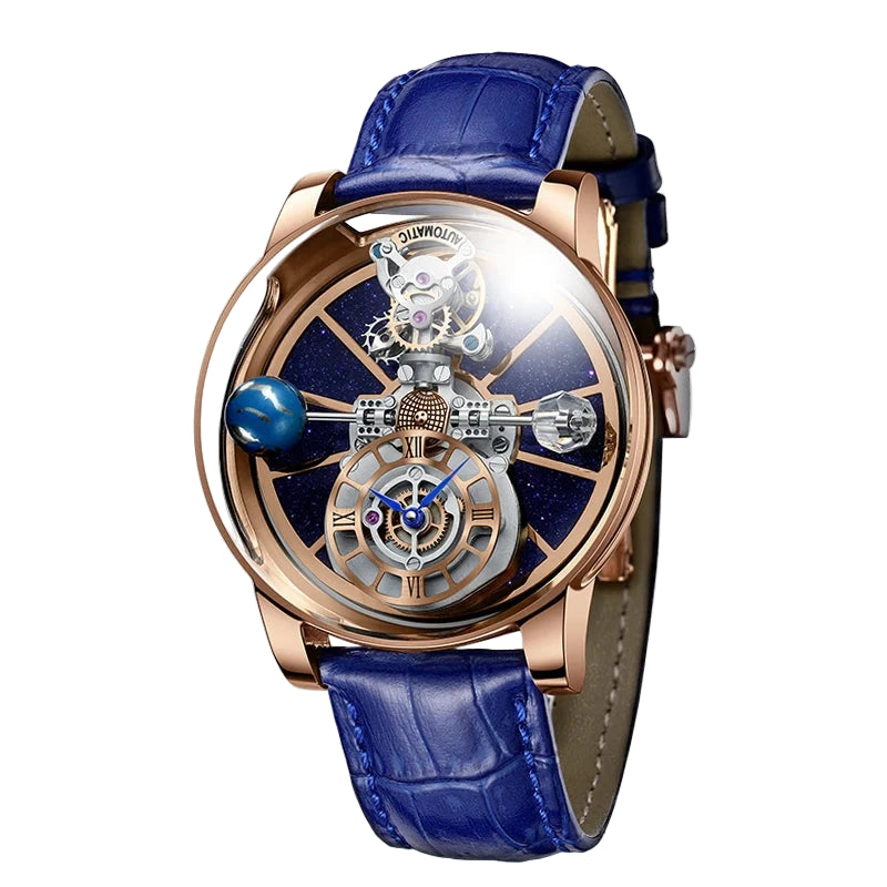 PINDU PD5015 Automatic Tourbillon Watch with rose gold case and green strap showing celestial blue dial