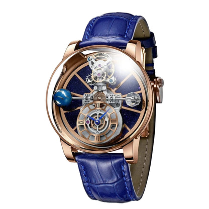 PINDU PD5015 Automatic Tourbillon Watch with rose gold case and green strap showing celestial blue dial