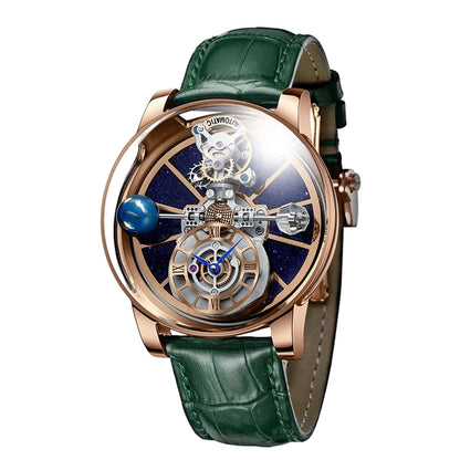 PINDU PD5015 Luxury Tourbillon Watch with blue leather strap and silver case under sapphire glass