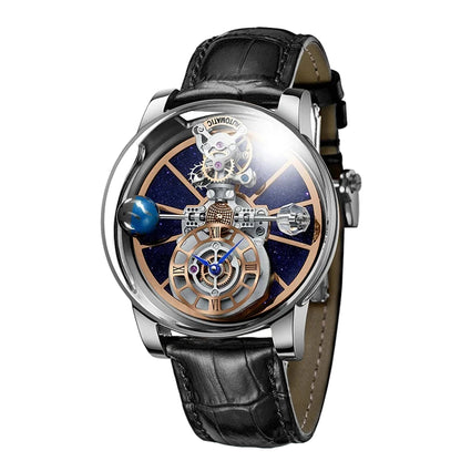 PINDU PD5015 Astronomia Automatic Tourbillon Watch in silver case with black strap and orbital dial