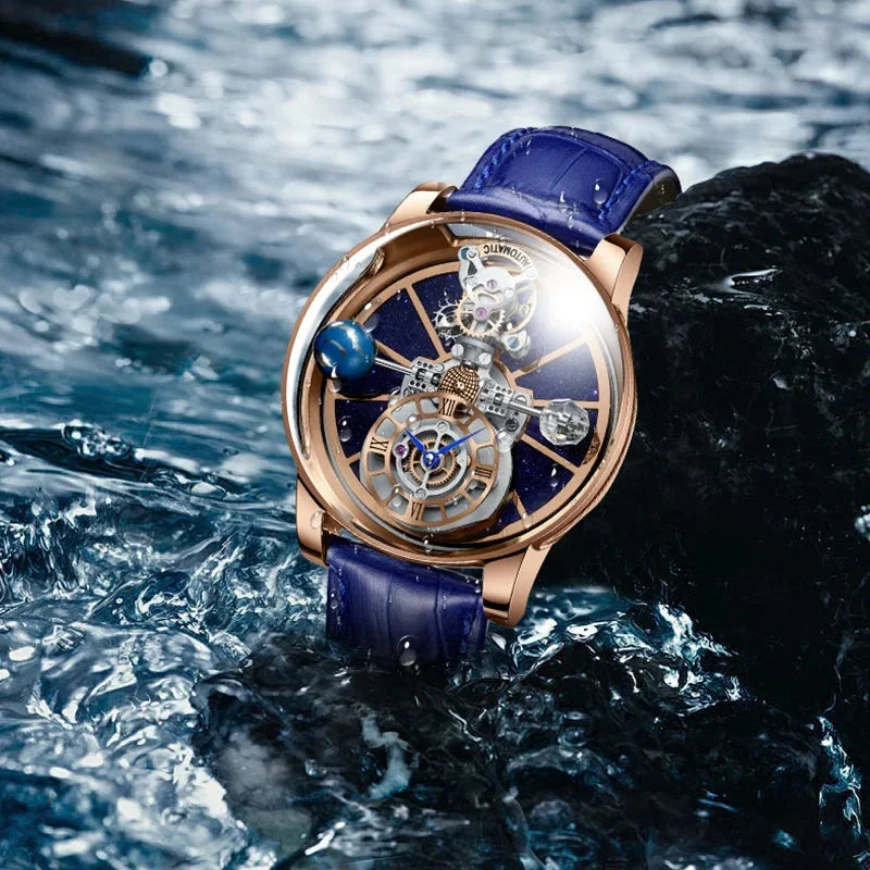 PINDU PD5015 Tourbillon Watch demonstrating water resistance with blue strap