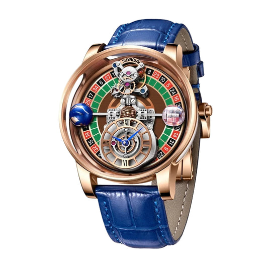 PINDU PD6570 Luxury Quartz Watch with blue strap and rose gold case featuring sapphire crystal