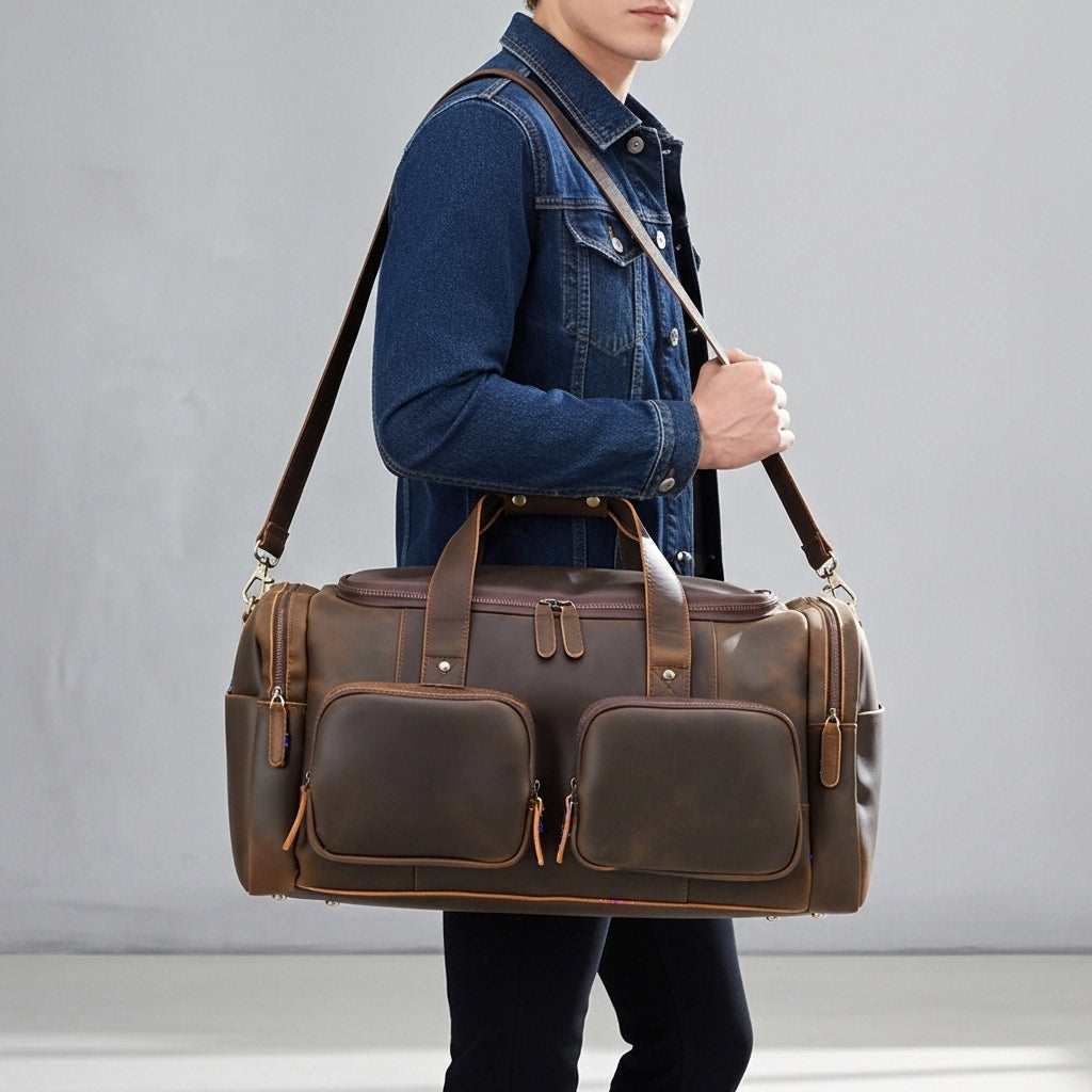 Men's Leather Travel Duffle Bag — Crazy Horse - model shoulder strap wear