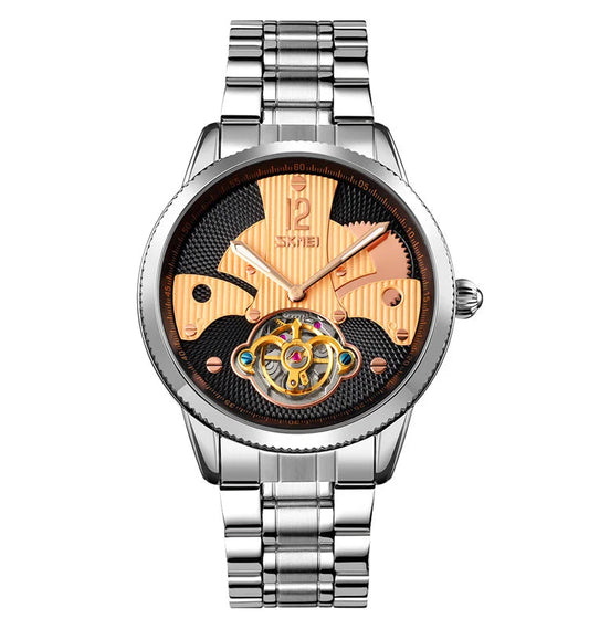 SKMEI 9205 luxury automatic mechanical watch with silver case and gold dial