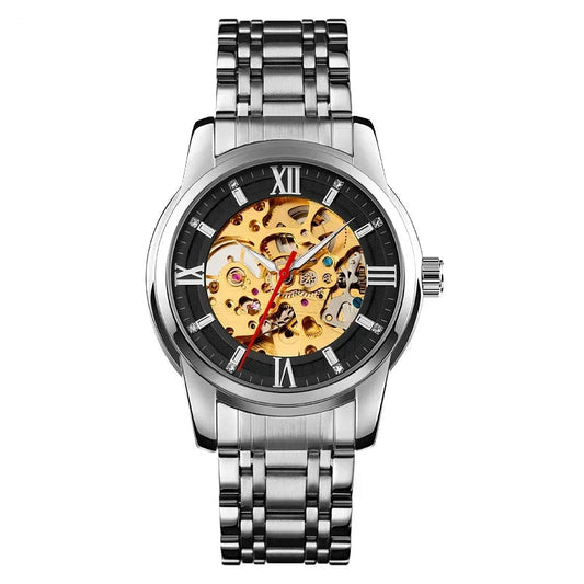 SKMEI 9222 luxury mechanical watch for men with silver case, black skeleton dial, and red second hand