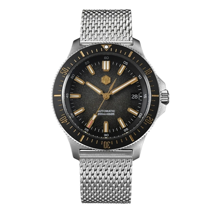 San MArtin SN0118G - Watch with black face, gold accents, and silver mesh band