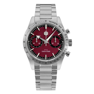 Silver watch with a red face on a white background